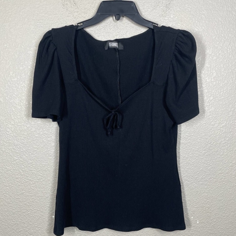 Reformation Size XL Scoop Neck Top Blouse Black Puff Sleeves Ribbed